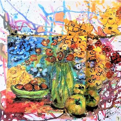 Tableau Nature morte aux fleurs et aux fruits - Art contemporain - Art abstrait - Techniques mixtes - 50cm x 50cm - Christiane Marette - Prix 300 Euros
