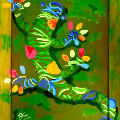 Tableau "Salamandre multicolore"- Art contemporain - Acrylique sur toile - Acrylique sur bois - Dimensions: 35x46 cm - Christiane Marette - Prix 130 Euros