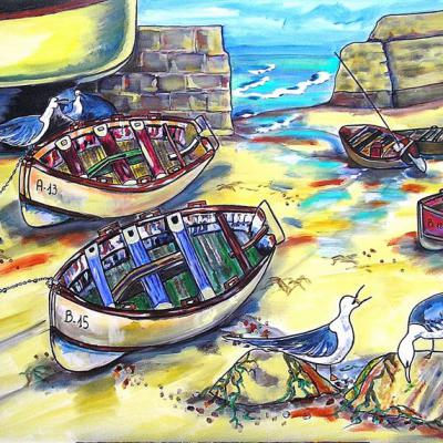 Tableau "Les bateaux sur le port à marée basse" - Art contemporain - Art figuratif - Marine - Acrylique sur toile, Dimensions: 81 x 100 cm - Prix 650 Euros
