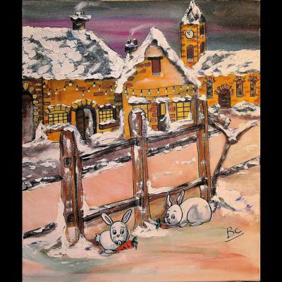 Tableau d'un village sous la neige - Art naif - Acrylique sur toile, dimensions: 60 x 70 cm- Christiane Marette- Prix 260 Euros