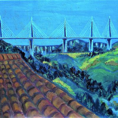 Peinture à l'huile représentant le pont de Millau -Art figuratif - Moyen format - Christiane Marette- Prix 390 Euros