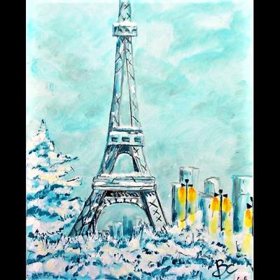 Tableau La tour Eiffel sous la neige - Art figuratif - Acrylique sur toile, dimensions: 54x65 cm- Christiane Marette- Prix 260 Euros