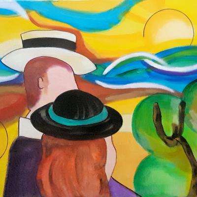 Couple aux chapeaux dans un paysage lumineux - Acrylique sur toile - 54x66cm - 325 Euros