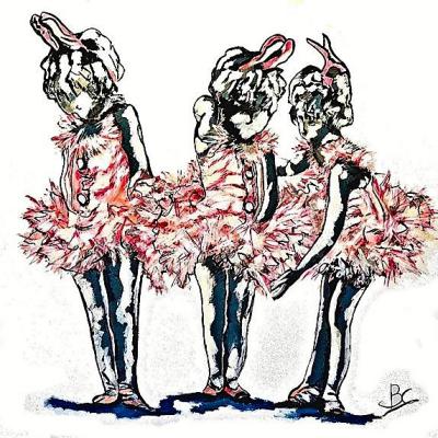 Tableau "Trois petites danseuses" - Art contemporain - Art figuratif - Acrylique sur toile, dimensions: 100x100cm - Christiane Marette - Prix 520 Euros
