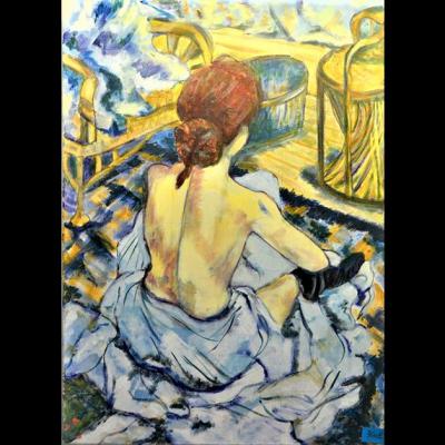 Tableau "Baigneuse interpretation Toulouse Lautrec"- Art Impressionnisme - Art figuratif - Acrylique sur toile, dimensions: 62x80 cm - Christiane Marette - Prix 455 Euros
