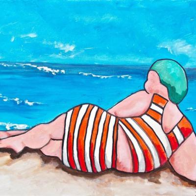 Tableau "Baigneuse retro sur la plage" - Art naif - Art figuratif - Acrylique sur toile, finition résine, dimensions: 55 x 65 cm - Christiane Marette - Prix 150 Euros
