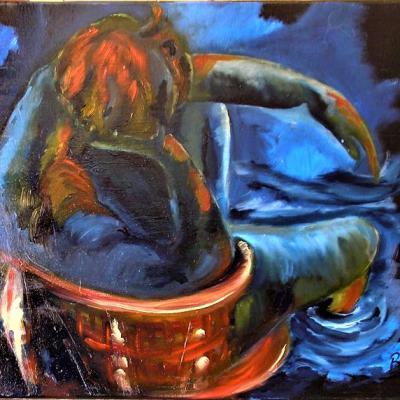 Tableau "Assis dans l'eau" - Art contemporain - Art figuratif - Huile sur toile - Moyen format - Christiane Marette - Prix 260 Euros
