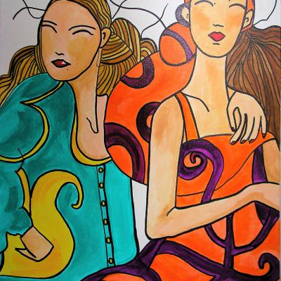 Tableau " Deux jeunes femmes dans le vent" - Art contemporain- Art figuratif - Acrylique sur toile - Moyen format - Christiane Marette - Prix 260 Euros
