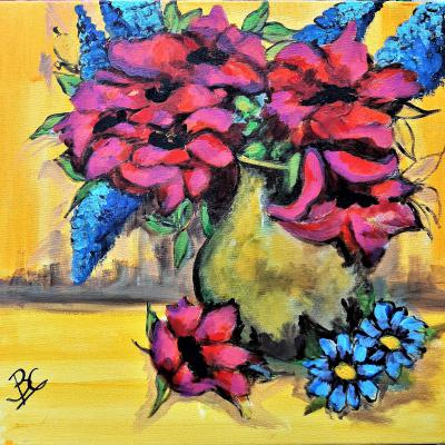Fleurs rouges et bleues Acrylique sur toile - petit format - Prix 150 Euros
