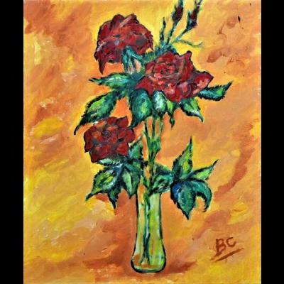 Tableau "Roses rétros" - Art figuratif - Acrylique sur toile, finition résine, dimensions: 45x55 cm - Christiane Marette - Prix 195 Euros
