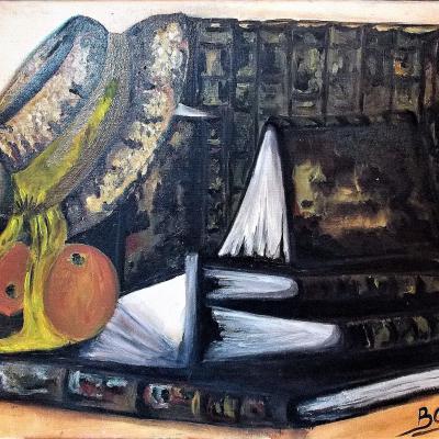 Tableau Nature morte "Composition de livres anciens" - Art figuratif- Huile sur toile, dimensions: 50 x 66 cm - Christiane Marette - Prix 250 Euros
