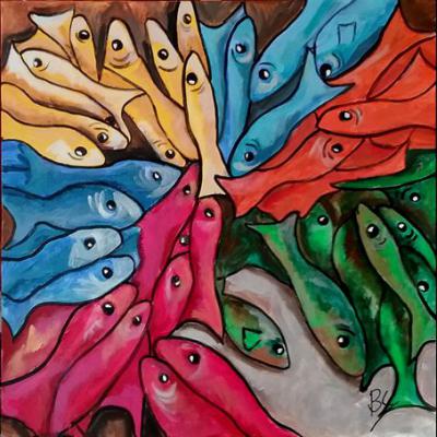 Tableau "Groupe de sardines" - Art contemporain - Art figuratif - Acrylique sur toile, dimensions: 80x80cm - Christiane Marette - Prix 520 Euros