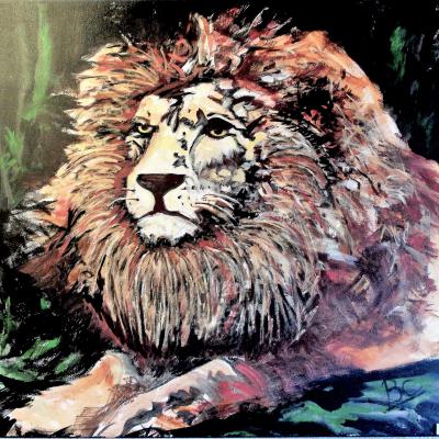 Tableau "Lion qui pose" - Impressionnisme - Art figuratif - Acrylique sur toile, Dimensions: 80x80 cm - Christiane Marette - Prix 520 Euros