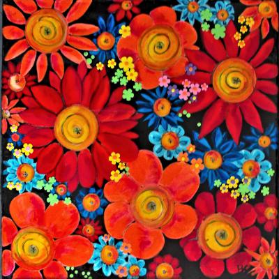 Tableau "Mille fleurs" - Art contemporain - Art figuratif - Acrylique sur toile, finition résine, Dimensions: 100x100 cm - Christiane Marette - Prix 910 Euros