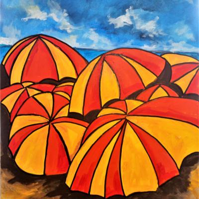 Acrylique sur toile - bouquet de parasols sur la plage Moyen format - Christiane Marette - Prix 195 Euros
