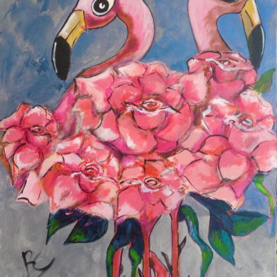 Flamants roses - Moyen format - Acrylique sur toile - Prix195 Euros