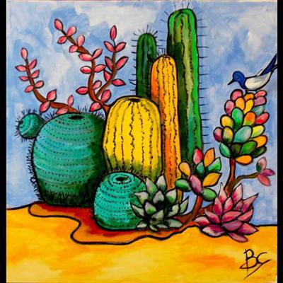 Tableau "Composition de cactus" - Art contemporain - Art figuratif - Acrylique sur toile, Dimensions: 60x60cm - Christiane Marette - Prix 390 Euros