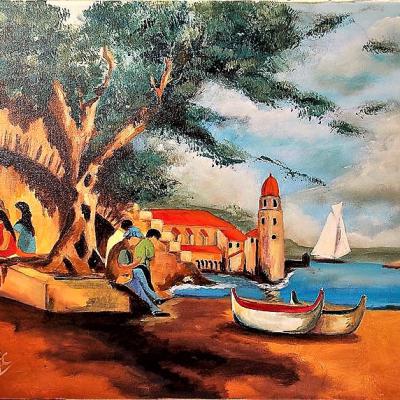 Tableau "Village bord de mer" - Art figuratif - Acrylique sur toile, Dimensions: 73 x 60 cm - Christiane Marette - Prix: 325 Euros
