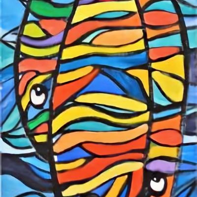 Poissons multicolores - Acrylique sur toile - 30x80cm- Prix 455 Euros
