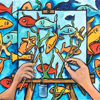 Tableau poissons trompe l'oeil - Art naif - Moyen format - Prix 150 Euros
