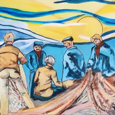 Tableau "Les pêcheurs après la pêche"- Art contemporain - Art figuratif - Marine - Acrylique sur toile, Dimensions: 60x 91 cm- Prix 455 Euros
