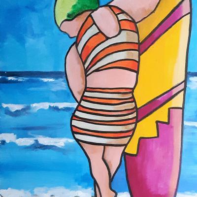 Tableau "Surf retro" - Art contemporain - Art naif - Acrylique sur toile, dimensions: 54x65cm - Prix 195 Euros
