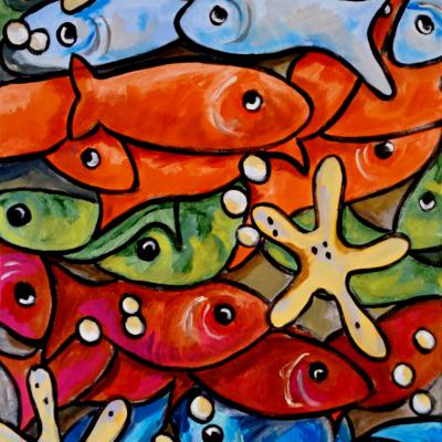 Tableau "Possions multicolores" - Art contemporain - Art figuratif - Marine - Acrylique sur toile - Dimensions: 100x60 cm- Prix 500 Euros
