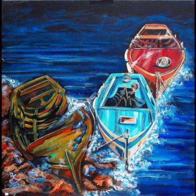 Tableau "Trois barques sur le récif" - Art contemporain - Art figuratif - Marine - Acrylique sur toile, Dimensions: 100x100cm- Prix 650 Euros

