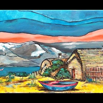 Tableau "Cabanes des pêcheurs, vue sur le Canigou"- Art contemporain - Art figuratif - Acrylique sur toile, Dimensions:100x50cm - Prix 520 Euros
