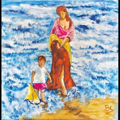 Tableau "Famille en bord de mer"- Art contemporain - Art figuratif - Acrylique sur toile, Dimensions: 80x80 cm - Prix 390 Euros
