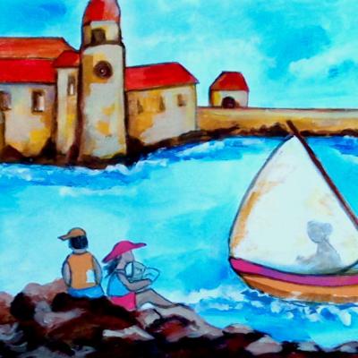 Tableau "Vacances en famille dans la baie de Collioure" - Art contemporain - Art figuratif  - Marine - Acrylique sur toile - Fformat panoramique - dimensions: 120x40cm