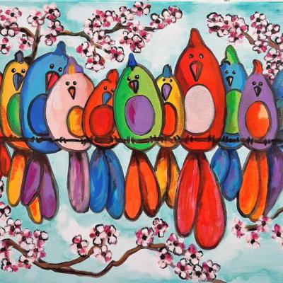 Famille d'oiseaux colorés - Moyen format - Prix: 600 Euros