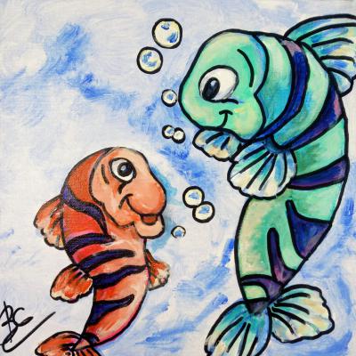 Tableau Deux petits poissons amusants - petit format - Acrylique sur toile - Prix 195 Euros