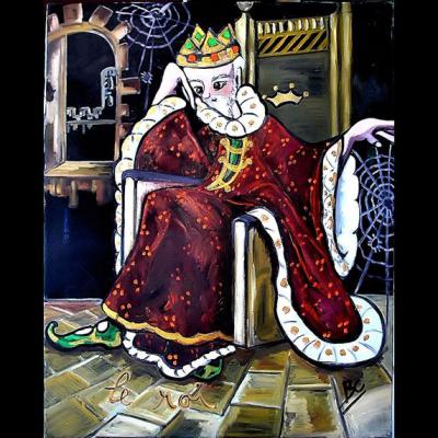 Tableau Du Roi Seul Sur Son Trône - Art ontemporain - Art figuratif - Art naif - Huile Sur Toile, Dimensions: 70 X 100 Cm - Christiane Marette - 700 EUros